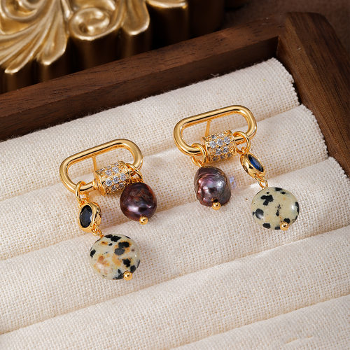 淡水珍珠斑点石回形扣流苏耳饰