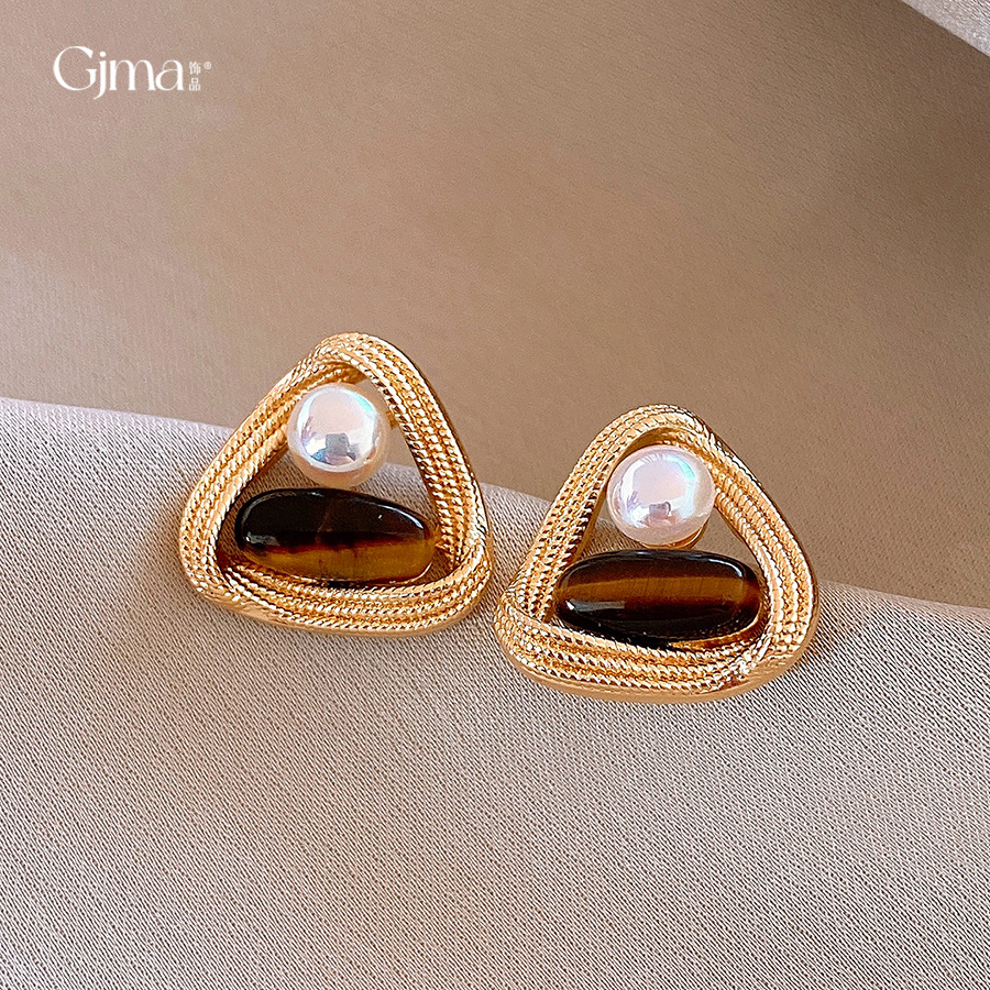 银针法式复古几何虎眼石珍珠耳钉