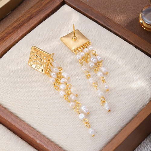 复古宫廷风淡水珍珠褶皱流苏耳环