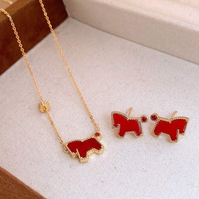 新年红色锆石小马项链耳钉