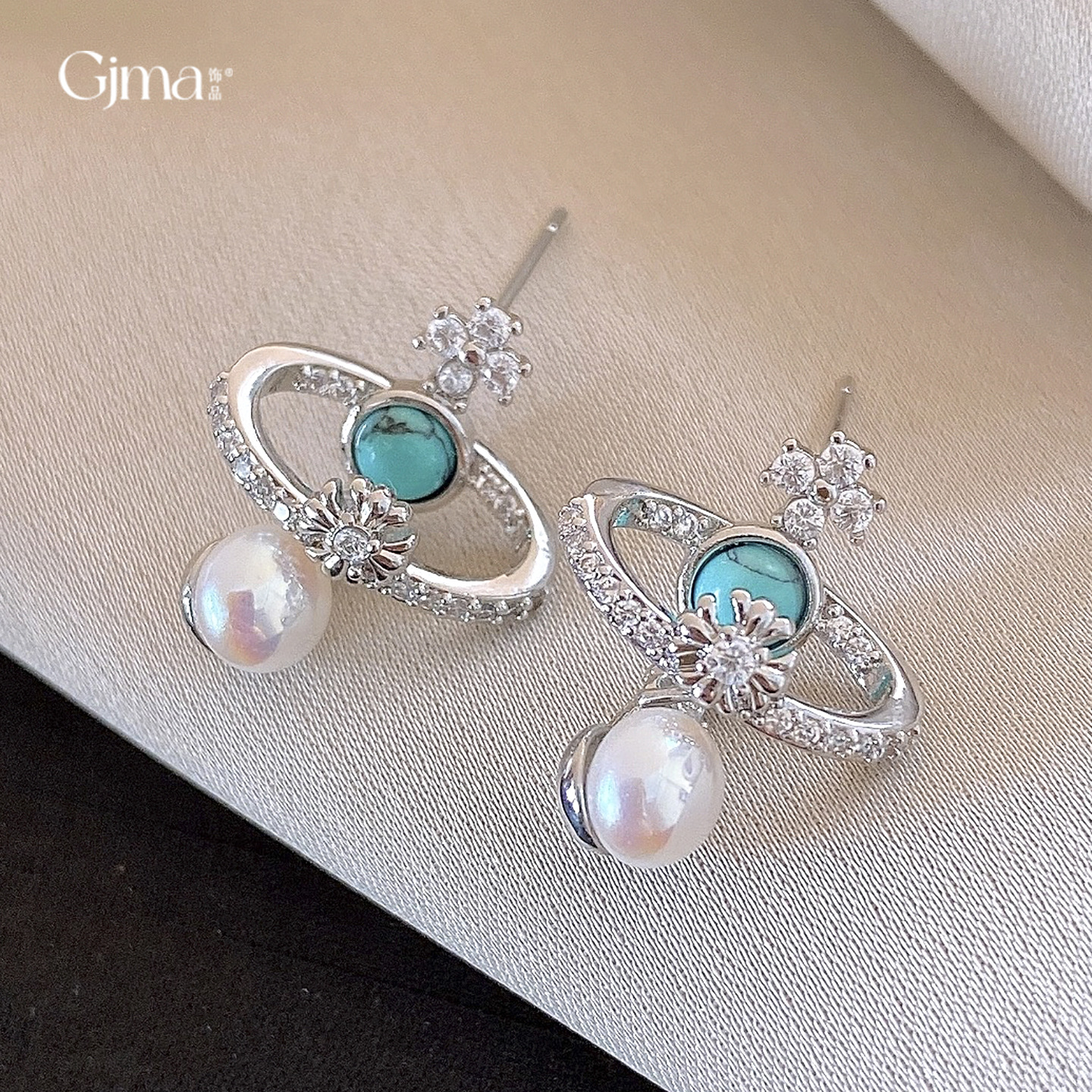 韩系精致锆石几何圆形珍珠耳环