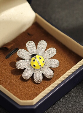 Ladybug Daisy Brooch CZ Enamel Flower Lapel Pin
