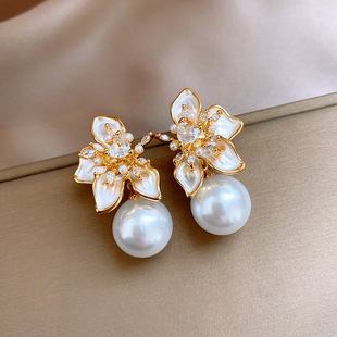18K Gold Floral Earrings, Zircon Pearl Vintage Luxury Studs