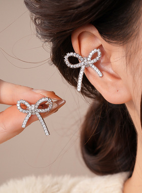 Zircon Bow Clip-On Earrings, Chic Minimalist Ear Cuff