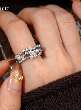 复古三层几何锆石珍珠开口戒指