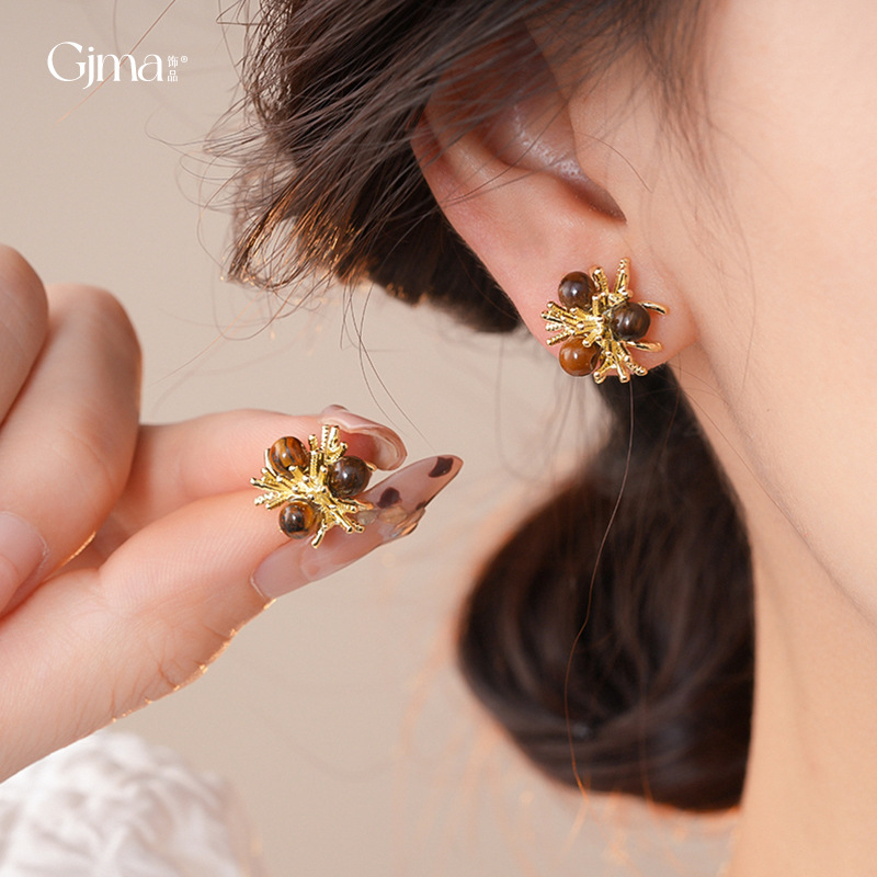 银针美拉德复古虎眼石花朵耳钉