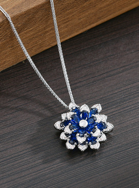 幽蓝繁花复古花朵项链镶嵌锆石