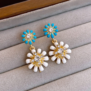 Crystal Enamel Flower Drop Stud Earrings, Chic Silver Post