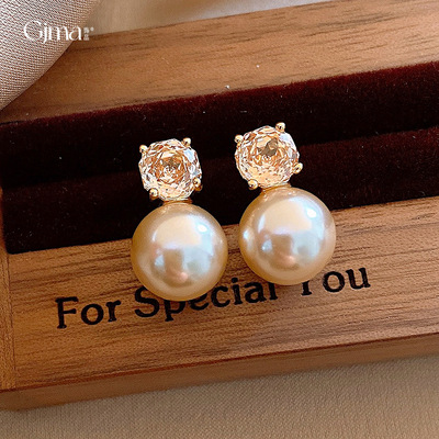 银针气质锆石几何圆形珍珠耳环