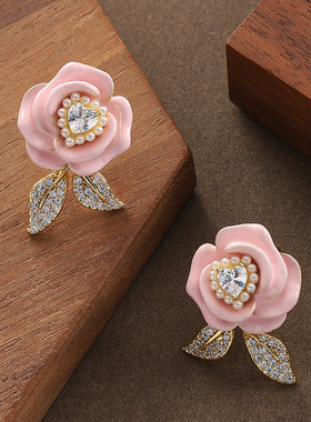 Korean Style CZ Rose Stud Earrings Elegant Silver Needle
