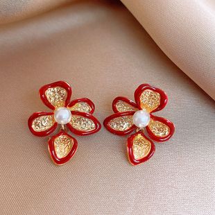 18K Gold Floral Studs, Enamel Pearl Sweet Luxury Earrings