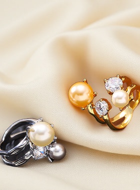 爆闪锆石珍珠可调节开口戒指