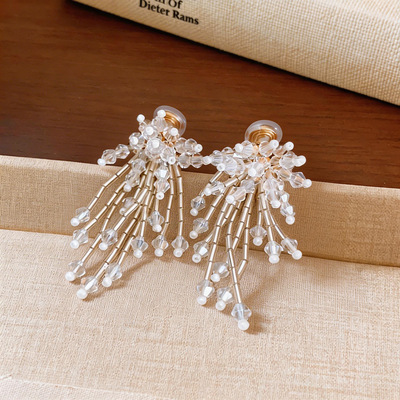 法式复古风水晶串珠花朵流苏耳夹