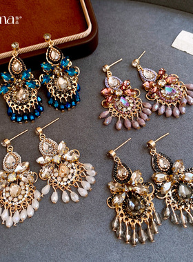 Ethnic Drop Earrings, Diamond Glass Fringe Vintage Studs