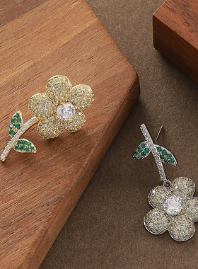 Asymmetric CZ Flower Earrings Elegant Silver Needle