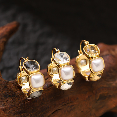 度假风镶钻锆石珍珠耳扣耳环