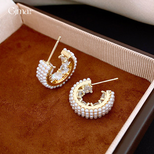 14K Gold C-Hoop Earrings, Zircon Pearl Luxury Studs