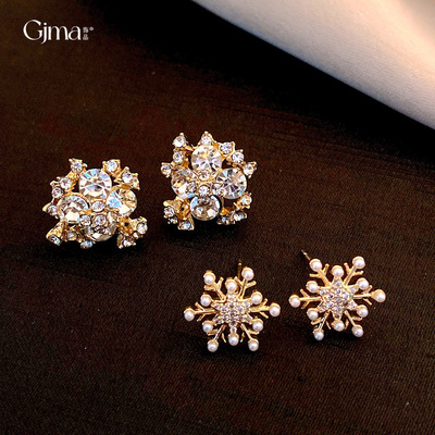 银针法式圣诞节锆石雪花珍珠耳钉