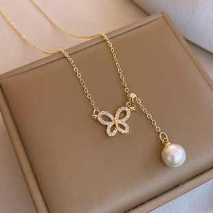 18K Gold Butterfly Necklace,Zircon Pearl Korean Luxury Chain