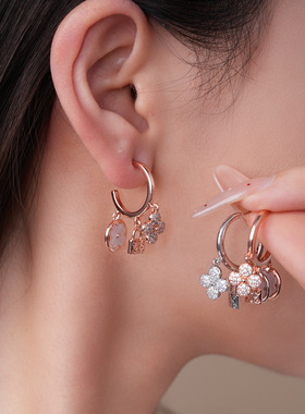 Rose Gold Earrings, Zircon Shell C-Hoop French Studs