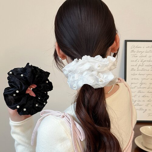 韩国网纱刺绣珍珠大肠发圈