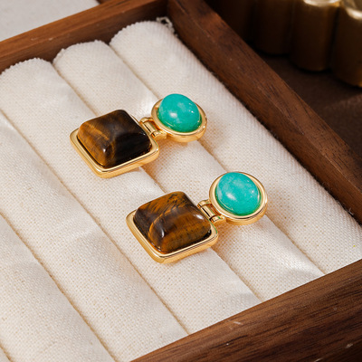 复古美拉德方形虎眼石撞色耳环