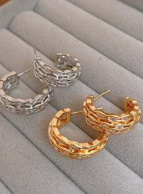 18K Gold Lace C-Studs, Zircon Floral Chic Luxury Earrings