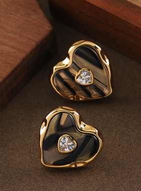 Leopard Heart Studs, Diamond Zircon Acrylic Earrings