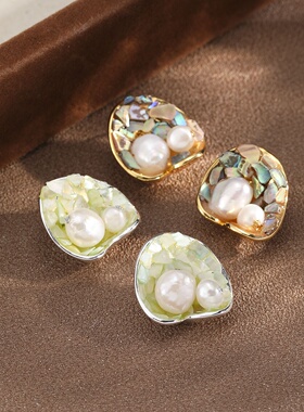 Shell Pearl Earrings Elegant Vintage S925 Silver Studs