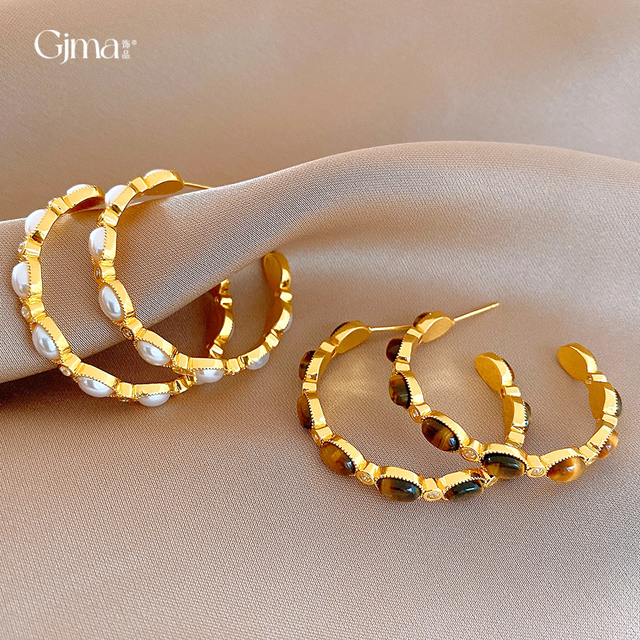 复古几何虎眼石珍珠耳环