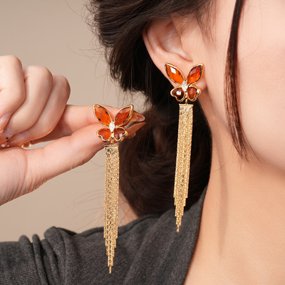 18k金电镀锆石玻璃蝴蝶流苏耳钉