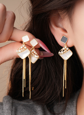18K Gold Shell Earrings, Zircon Pearl Fringe Clip-Ons Luxury