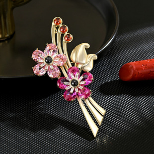 Brooch Blossom Diamond Botanical Pin Twin Lapel Peach