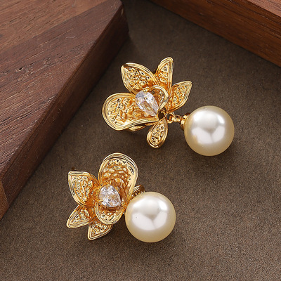 镶钻锆石立体花朵珍珠耳环银针