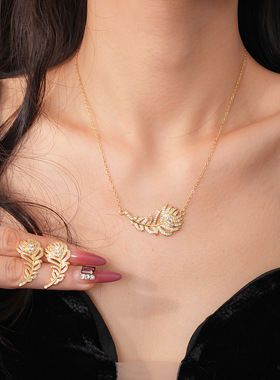 Metal Feather Jewelry Set, Zircon Cross Border Necklace