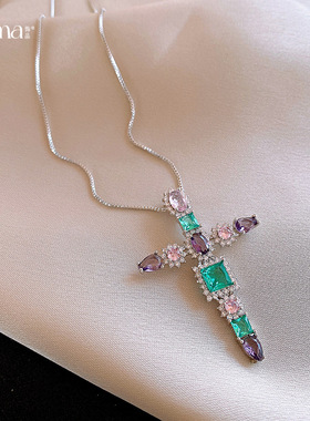 中古风锆石十字架吊坠项链锁骨链