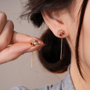 18K Gold Fringe Earrings Zircon Floral Threader Luxury Studs