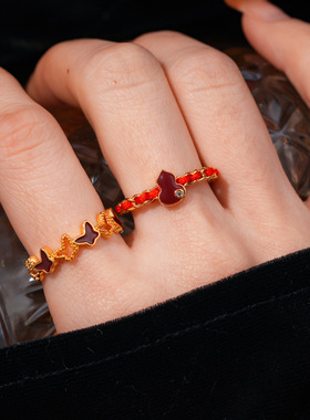 滴油红色蝴蝶葫芦开口戒指