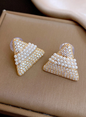 18K Gold Triangle Earrings, Zircon Pearl Clip-Ons Vintage