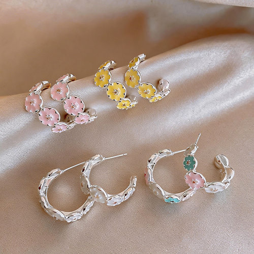 春夏小清新锆石滴油花朵c形耳钉