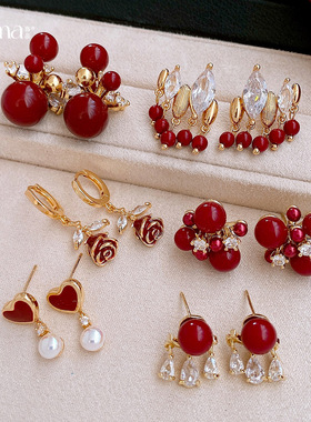 Red Circle Studs, Geometric Zircon Vintage Luxury Earrings