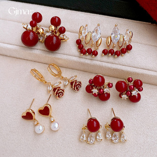 Geometric Studs Circle Earrings Vintage Luxury Zircon Red