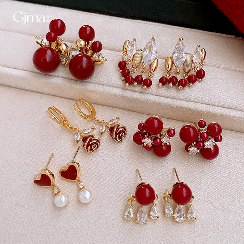 简约气质红色锆石几何圆形耳钉