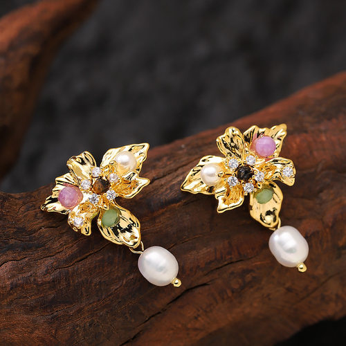 小清新金属花瓣珍珠耳坠耳环