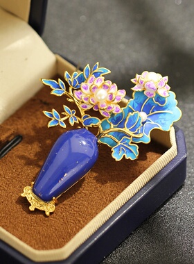 青金石花瓶胸针滴油牡丹珍珠花朵