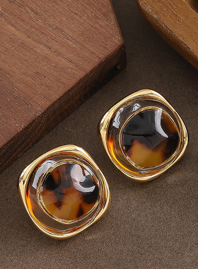Caramel Leopard Studs, Marbled Resin Luxury Earrings