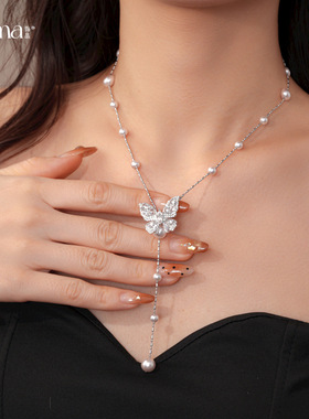 甜美风超仙锆石蝴蝶流苏珍珠项链