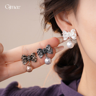 Pearl Bow Stud Earrings Women Korean for Ruched