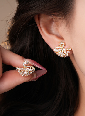 18K Gold Swan Earrings, Zircon Pearl Clip-Ons Chic Luxury