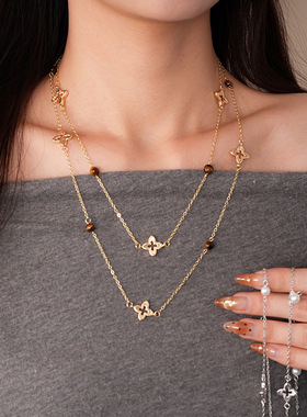 复古简约双层虎眼石串珠花朵项链